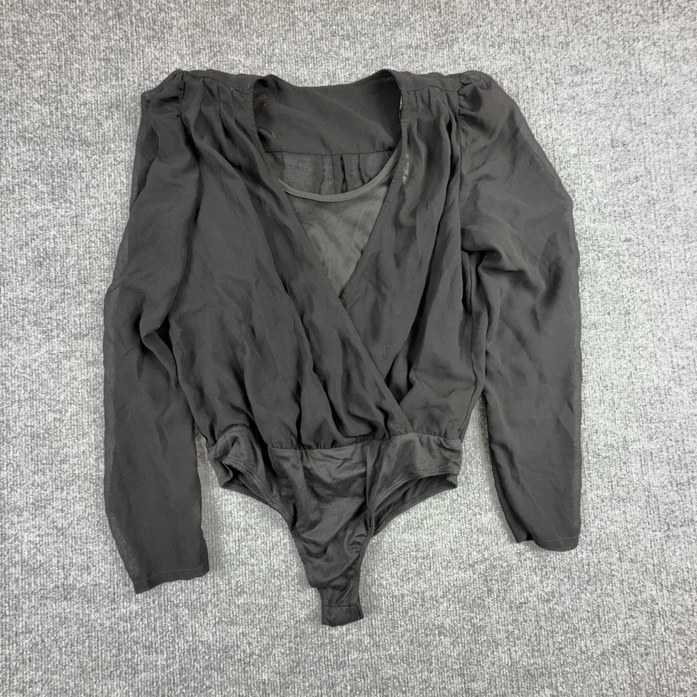 Willow + Root Bodysuit Womens Small Black Long Sleeve Surplice Chiffon Stretch
